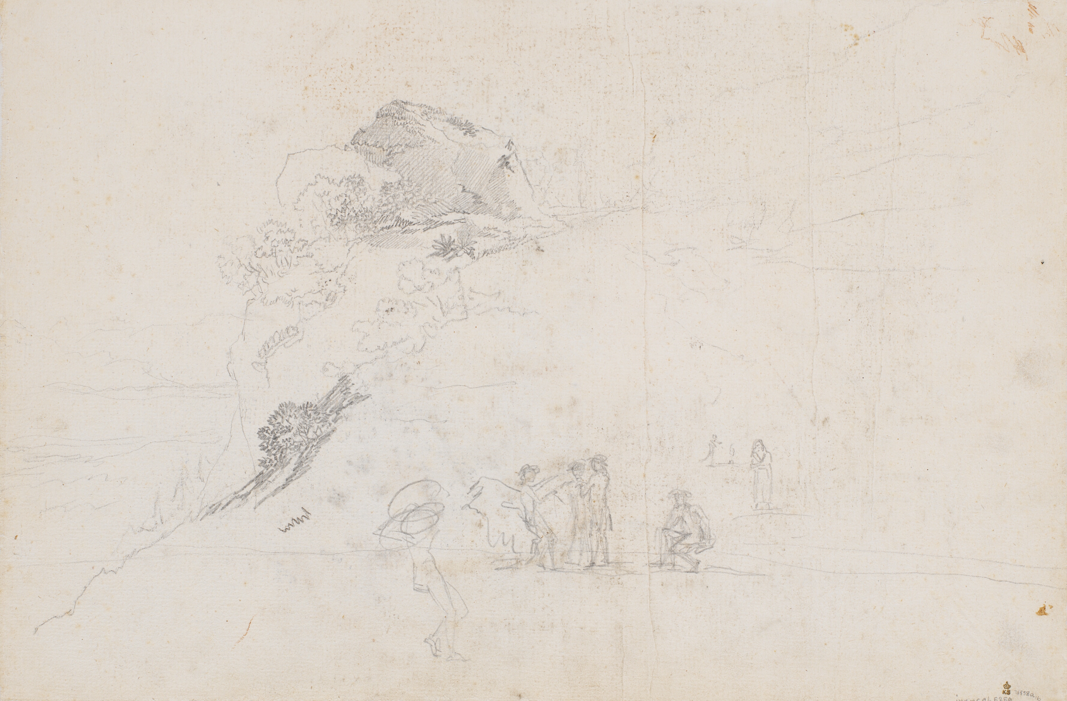 Schweizerlandskab med et klippefremspring over en dal og en gruppe figurer